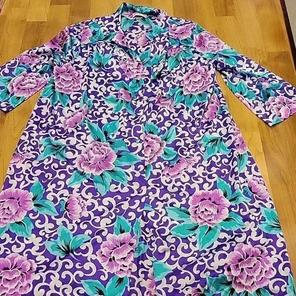 Vintage Vanity Fair Floral Robe Kimono Tunic Cover-Up Side Pockets Sz L - Picture 3 of 12